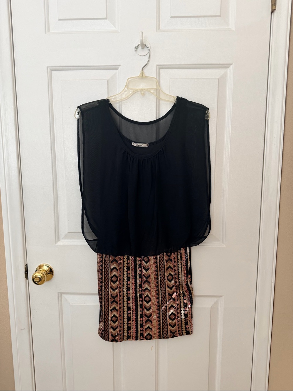 Papaya Black Chiffon Overlay Sequin Tribal Dress